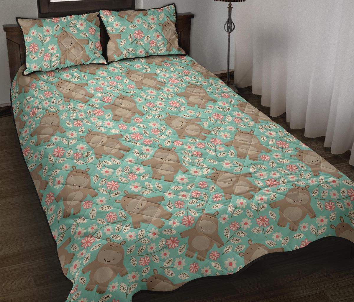 Hippo Floral Pattern Print Bed Set Quilt-grizzshop