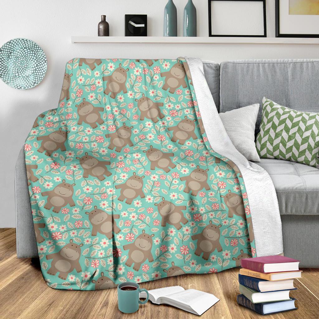 Hippo Floral Pattern Print Blanket-grizzshop