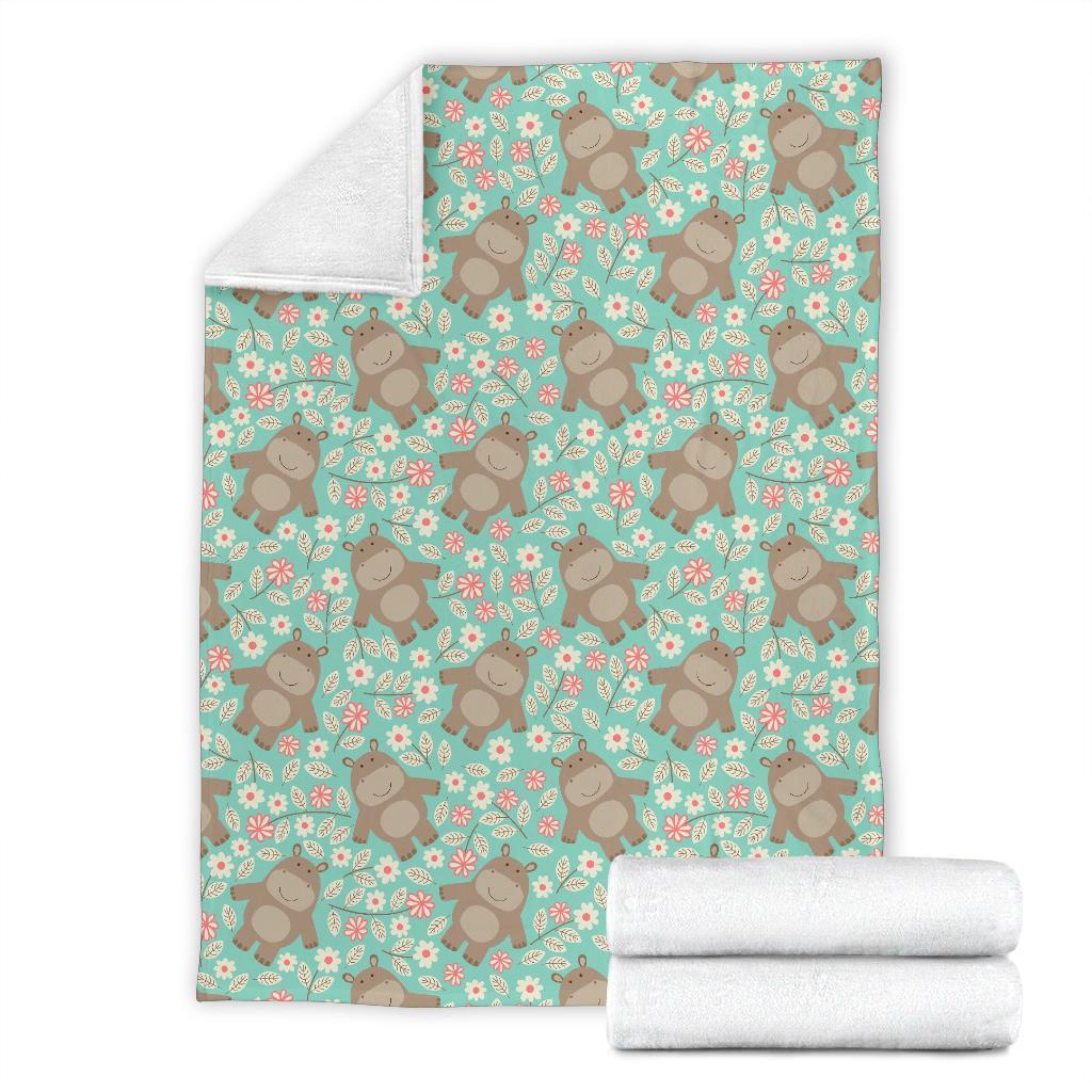 Hippo Floral Pattern Print Blanket-grizzshop