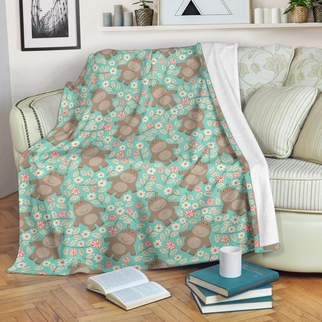 Hippo Floral Pattern Print Blanket-grizzshop