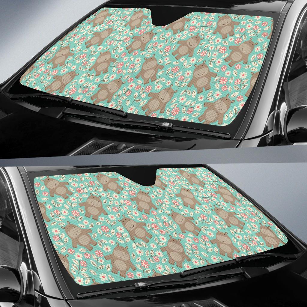 Hippo Floral Pattern Print Car Sun Shade-grizzshop