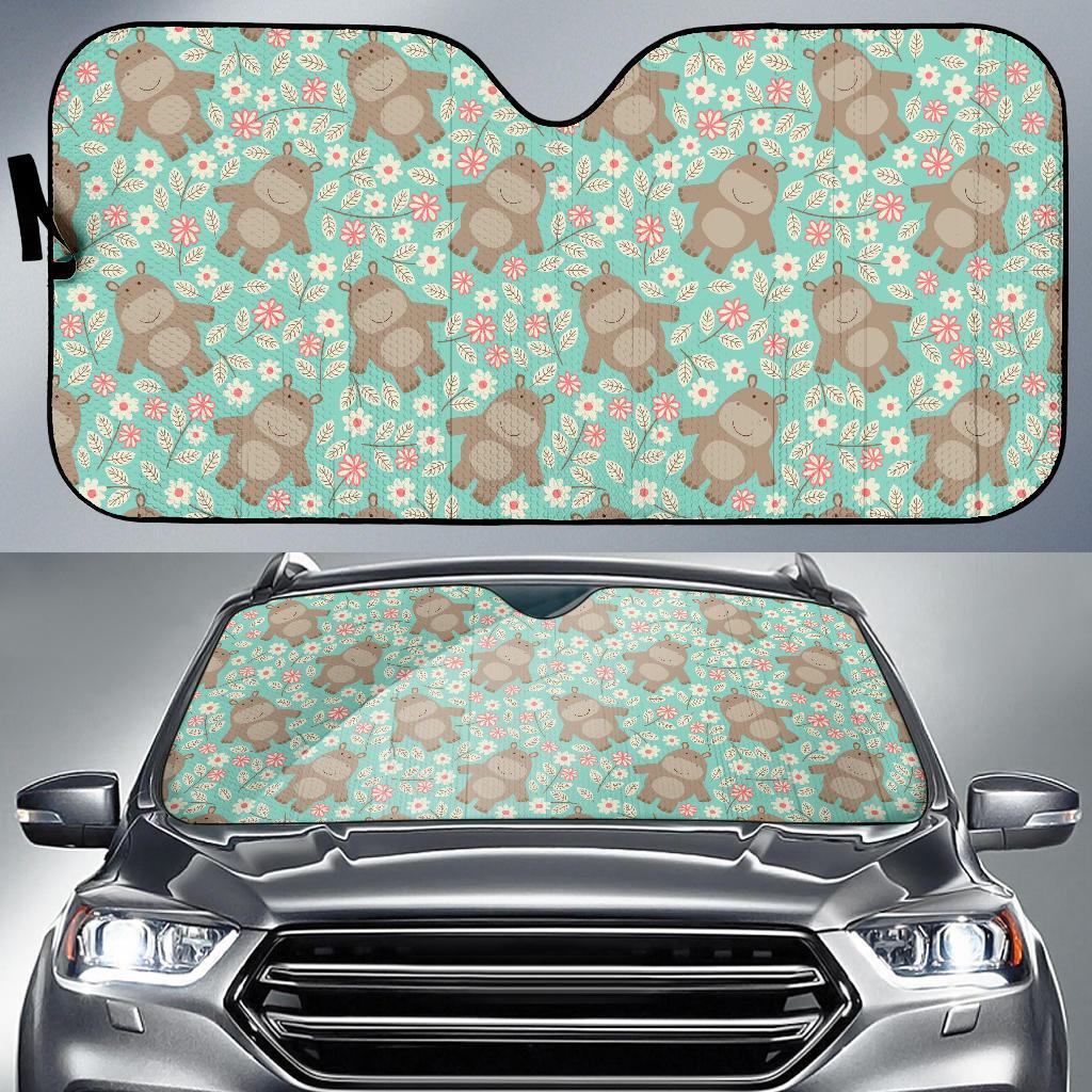 Hippo Floral Pattern Print Car Sun Shade-grizzshop