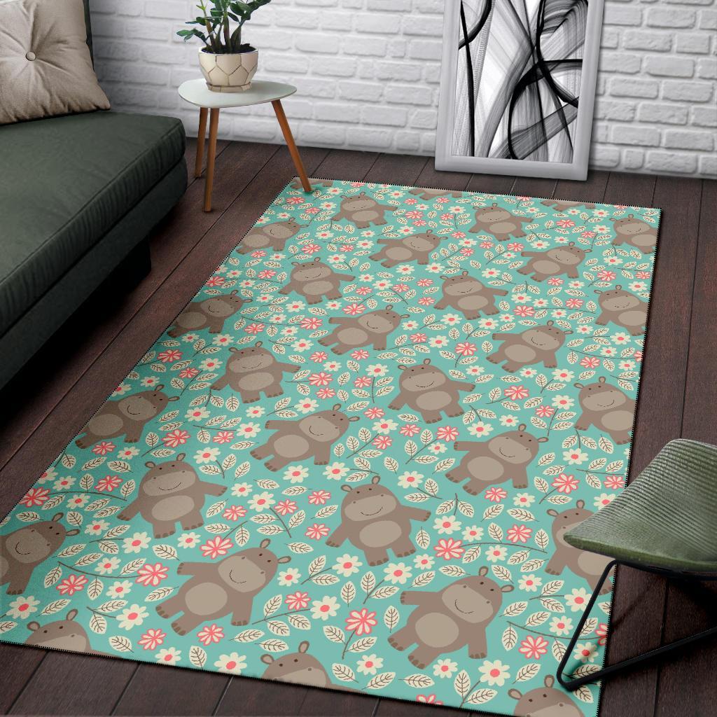 Hippo Floral Pattern Print Floor Mat-grizzshop