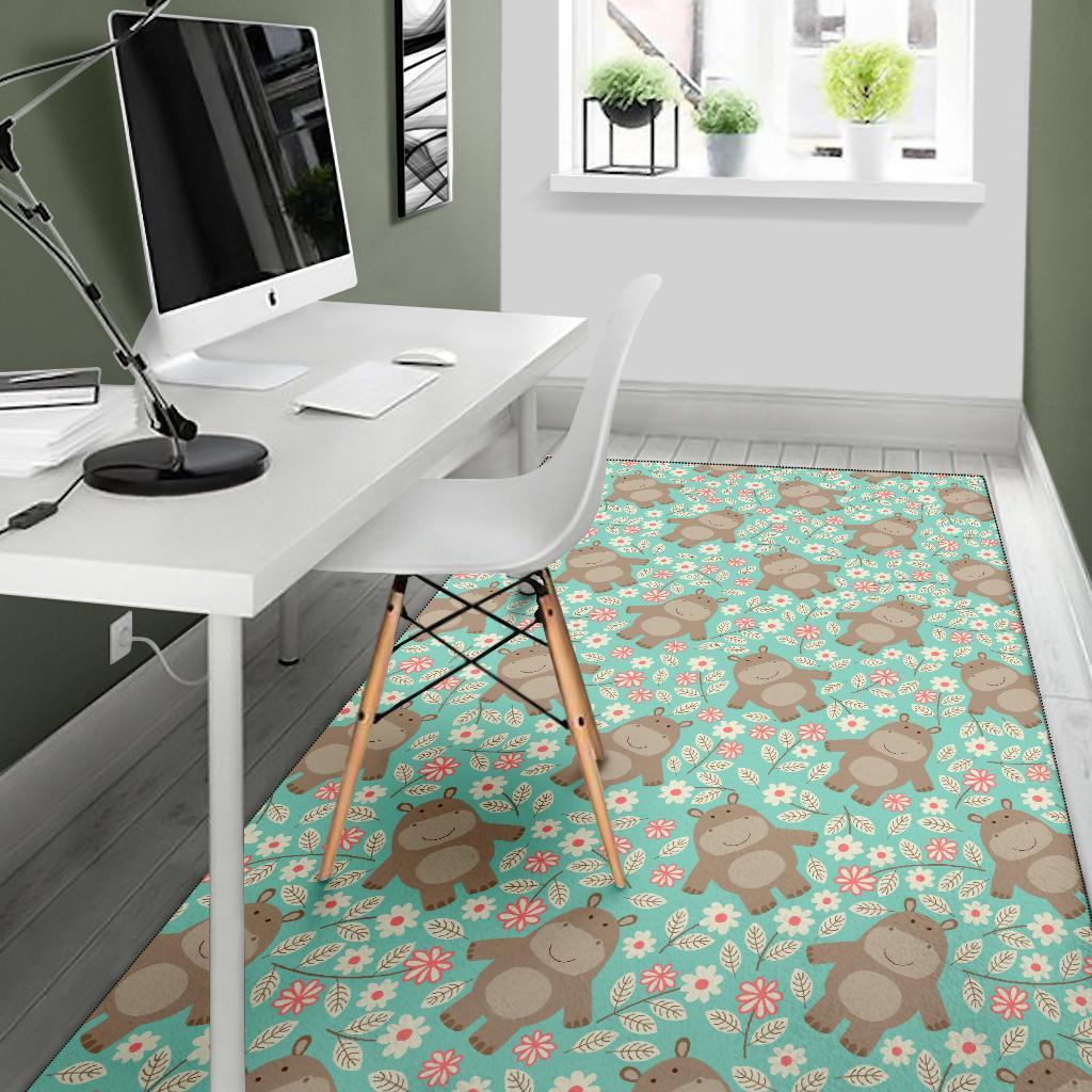 Hippo Floral Pattern Print Floor Mat-grizzshop