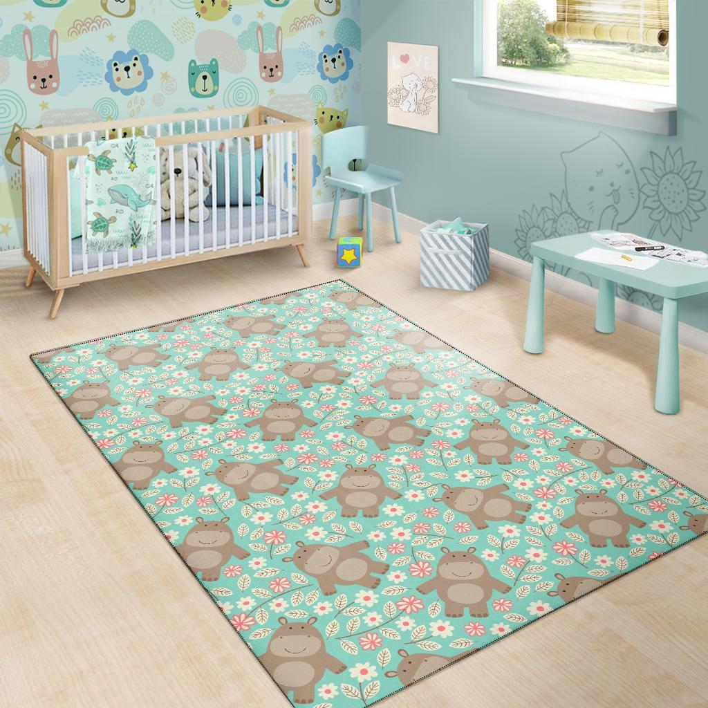 Hippo Floral Pattern Print Floor Mat-grizzshop