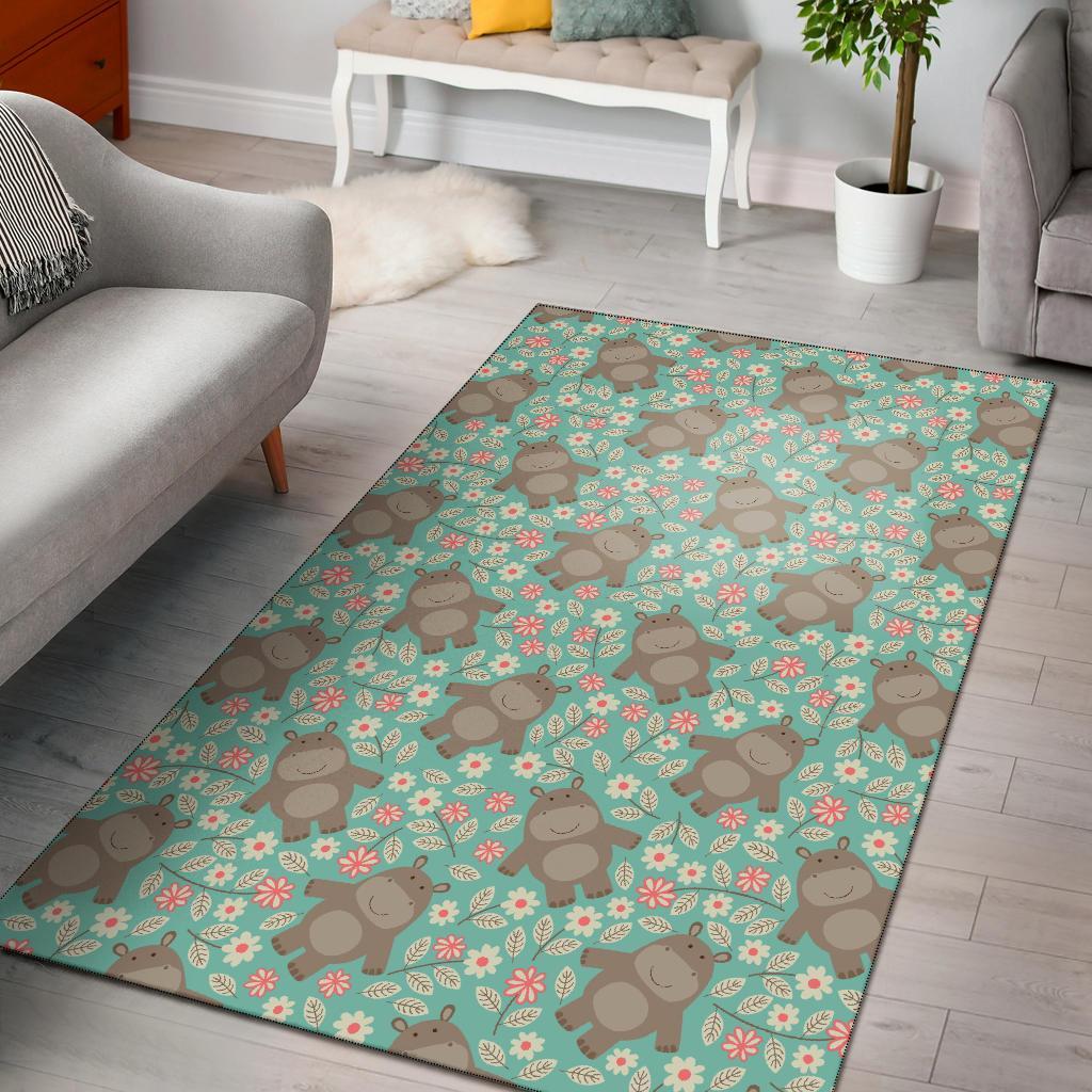 Hippo Floral Pattern Print Floor Mat-grizzshop