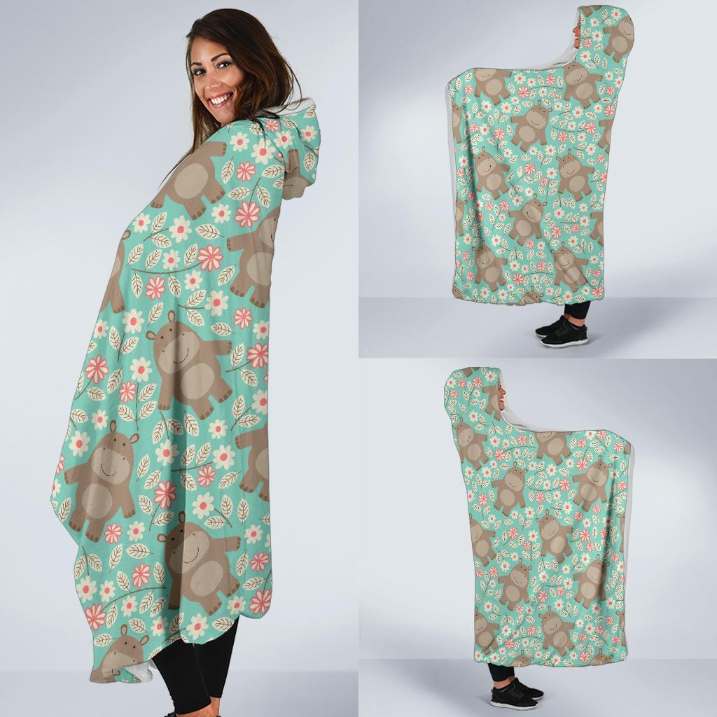 Hippo Floral Pattern Print Hooded Blanket-grizzshop