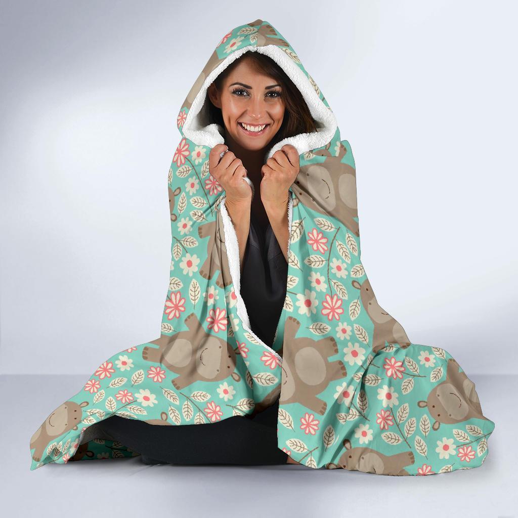 Hippo Floral Pattern Print Hooded Blanket-grizzshop