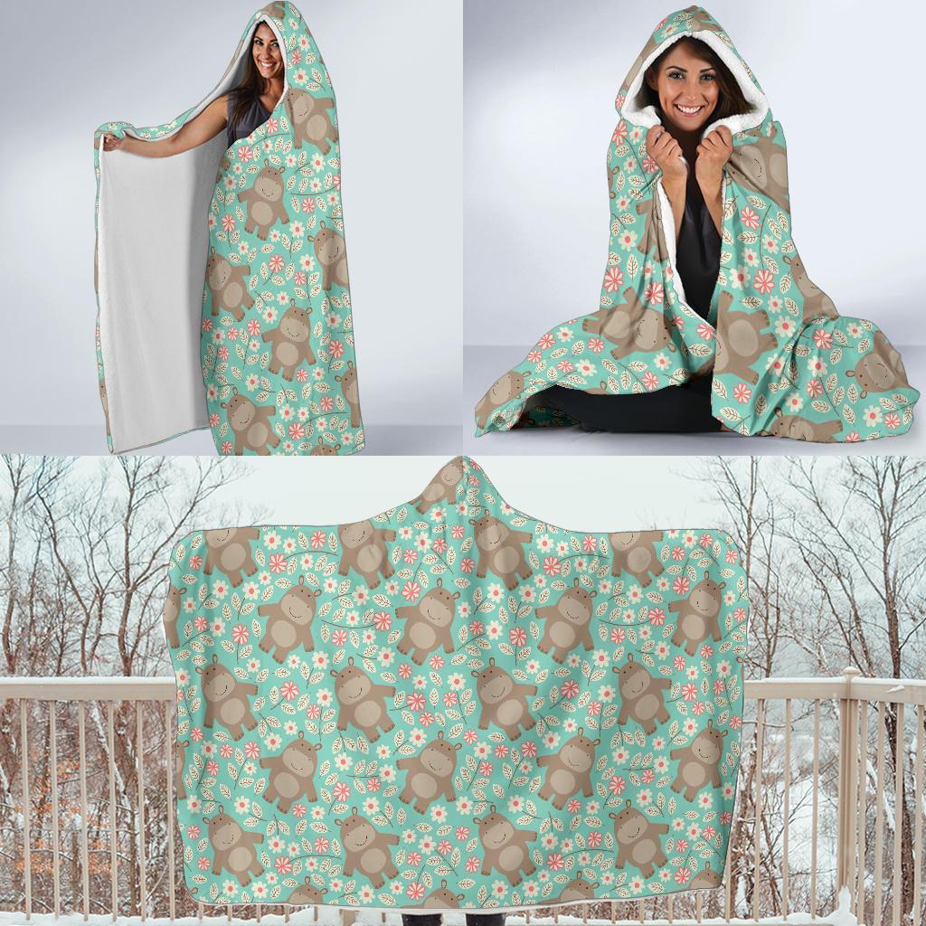 Hippo Floral Pattern Print Hooded Blanket-grizzshop