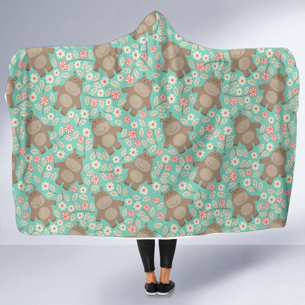 Hippo Floral Pattern Print Hooded Blanket-grizzshop