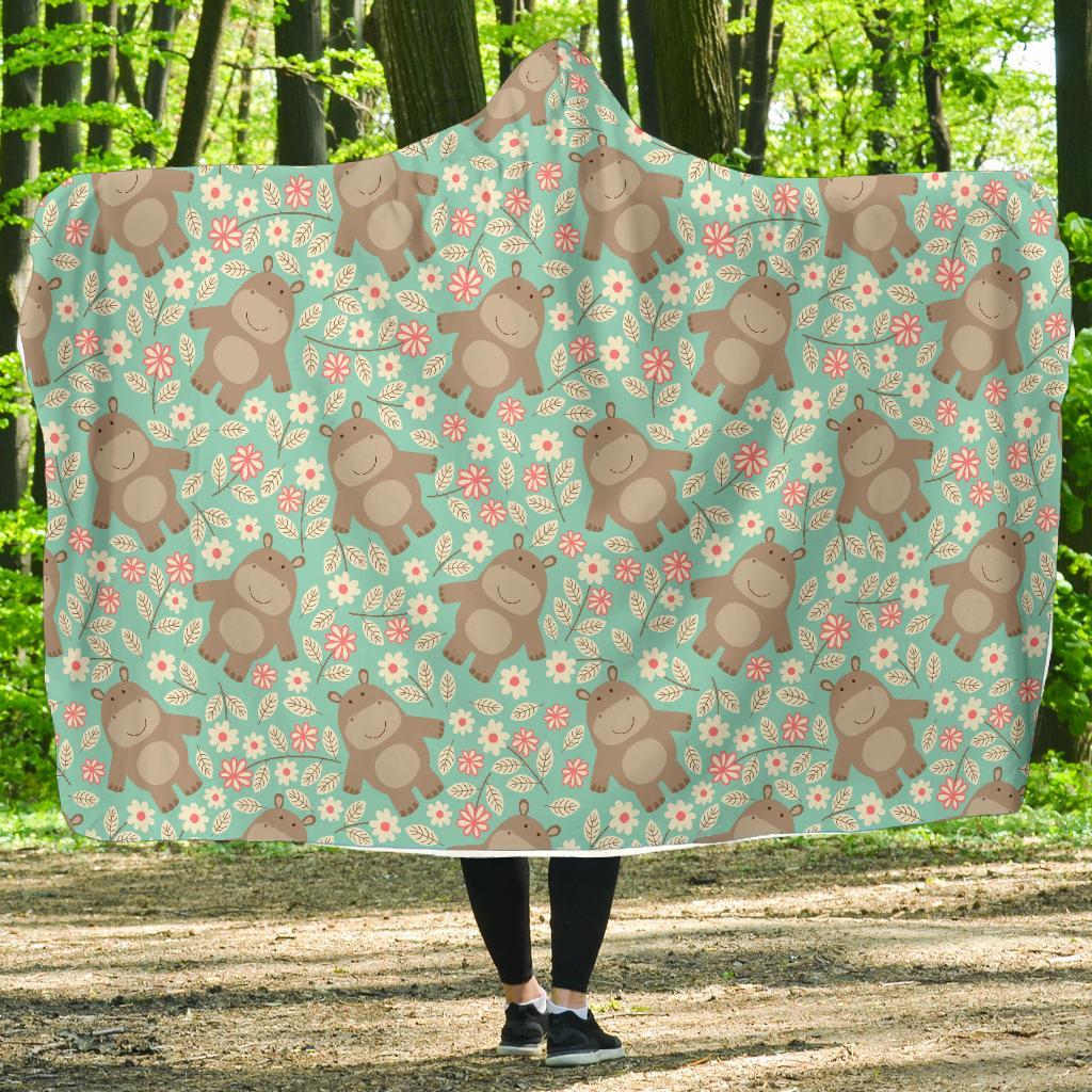 Hippo Floral Pattern Print Hooded Blanket-grizzshop