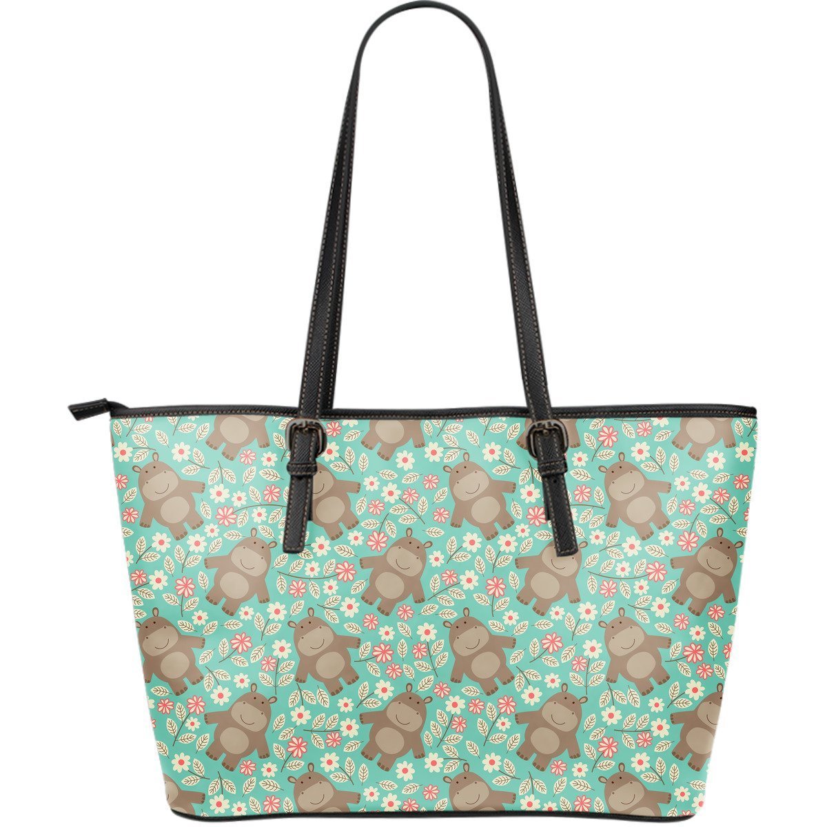 Hippo Floral Pattern Print Leather Tote Bag-grizzshop