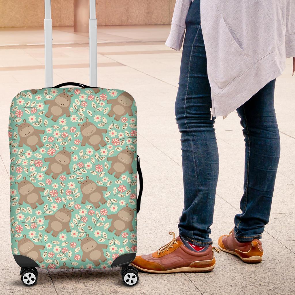 Hippo Floral Pattern Print Luggage Cover Protector-grizzshop