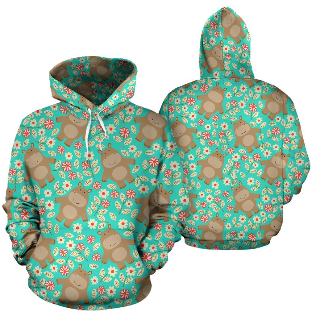 Hippo Floral Pattern Print Men Women Pullover Hoodie-grizzshop