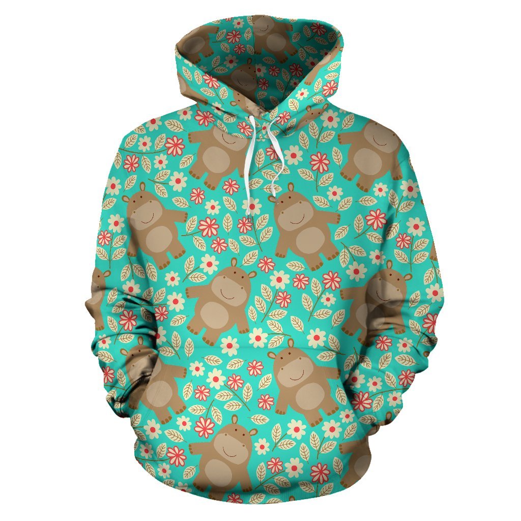 Hippo Floral Pattern Print Men Women Pullover Hoodie-grizzshop