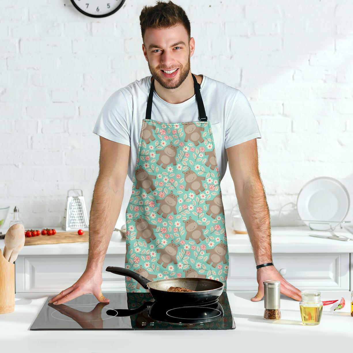 Hippo Floral Pattern Print Men's Apron-grizzshop