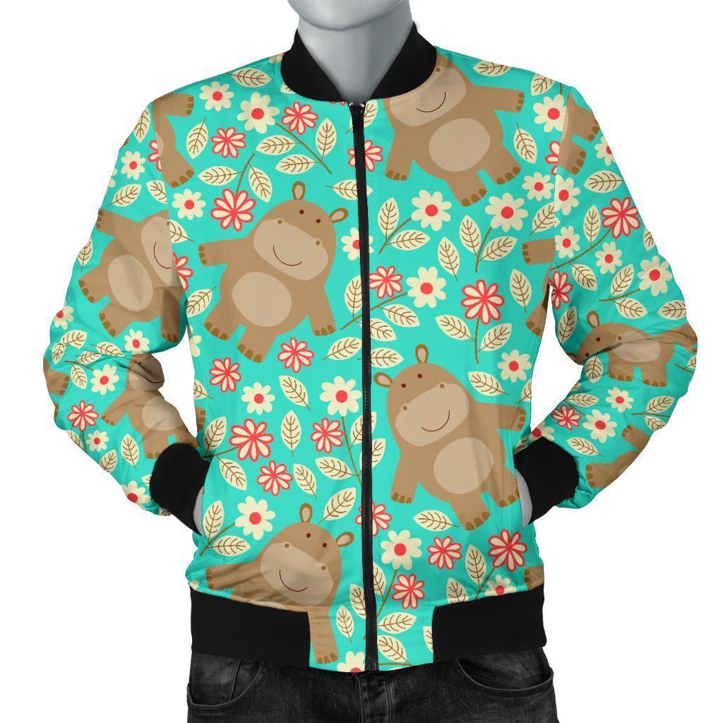 Hippo Floral Pattern Print Men's Bomber Jacket-grizzshop