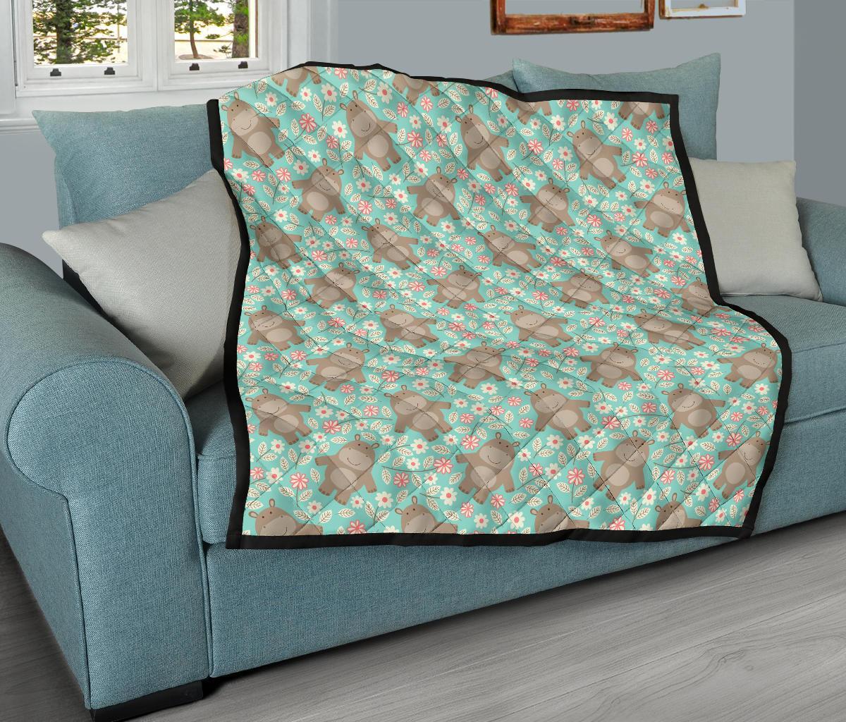 Hippo Floral Pattern Print Quilt-grizzshop