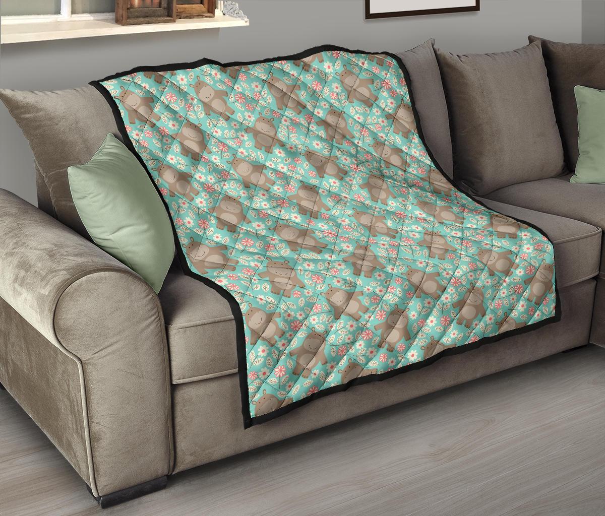 Hippo Floral Pattern Print Quilt-grizzshop