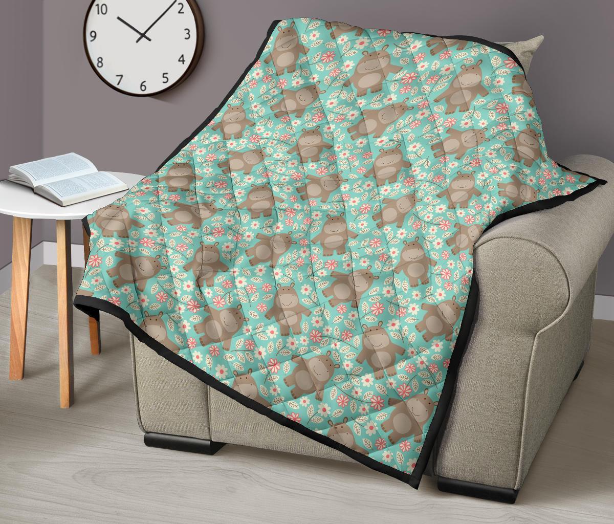 Hippo Floral Pattern Print Quilt-grizzshop