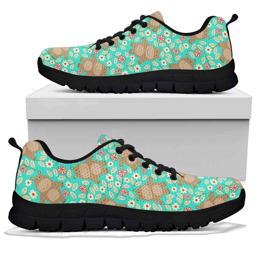 Hippo Floral Pattern Print Sneaker Shoes For Men Women-grizzshop