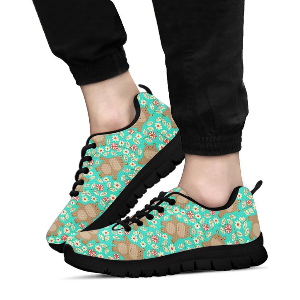 Hippo Floral Pattern Print Sneaker Shoes For Men Women-grizzshop