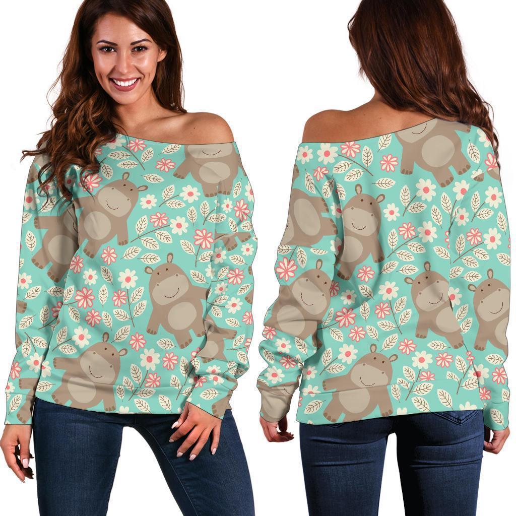 Hippo Floral Pattern Print Women Off Shoulder Sweatshirt-grizzshop