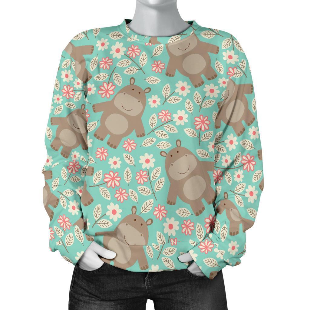 Hippo Floral Pattern Print Women's Sweatshirt-grizzshop