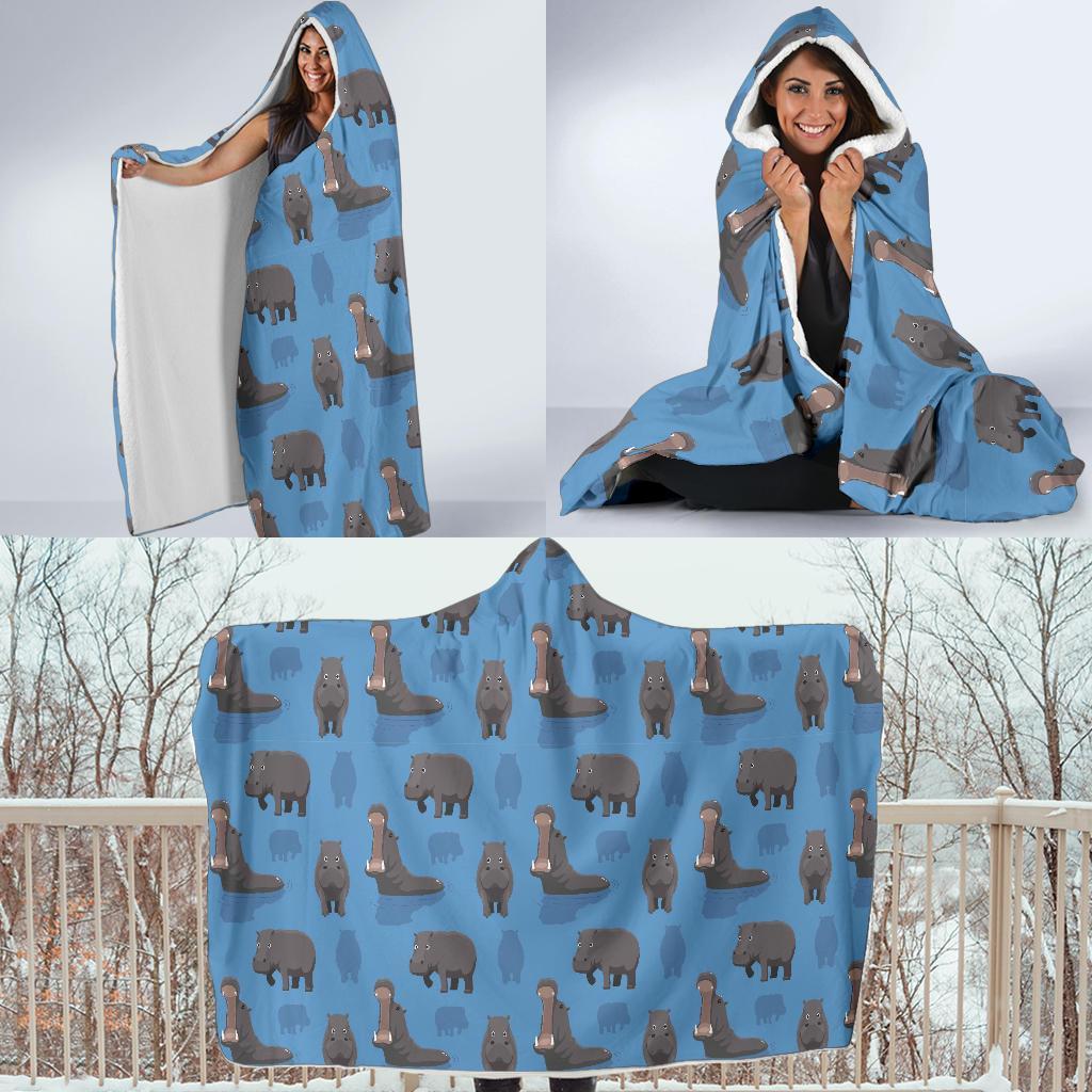 Hippo Pattern Print Hooded Blanket-grizzshop