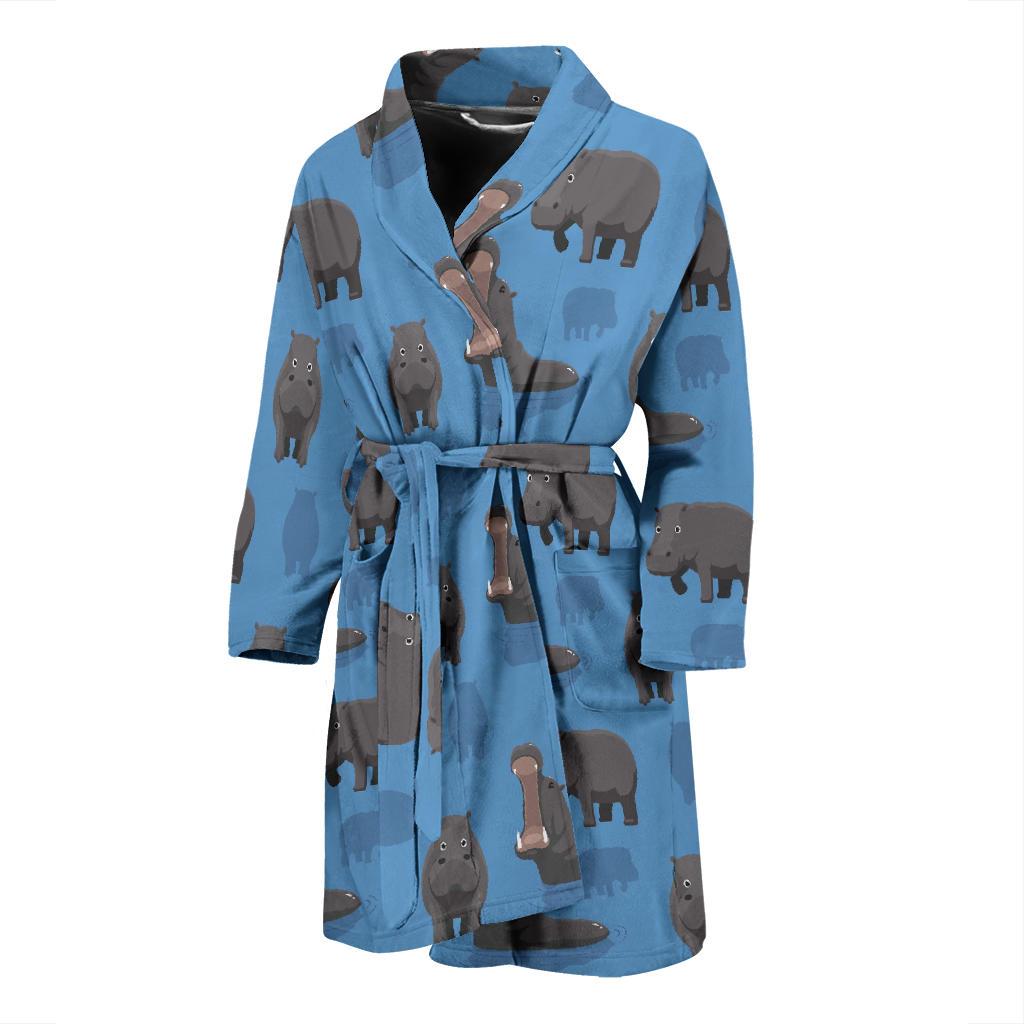 Hippo Pattern Print Men Long Robe-grizzshop