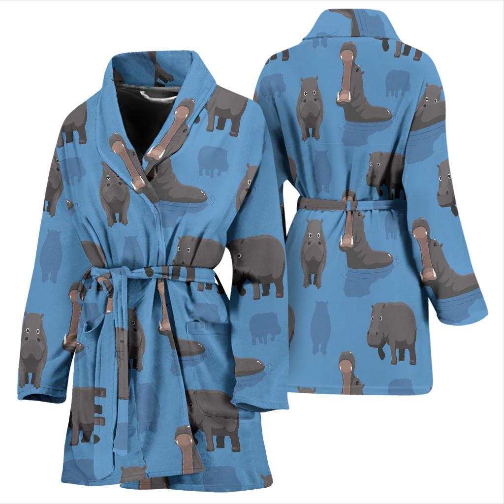 Hippo Pattern Print Women Long Robe-grizzshop