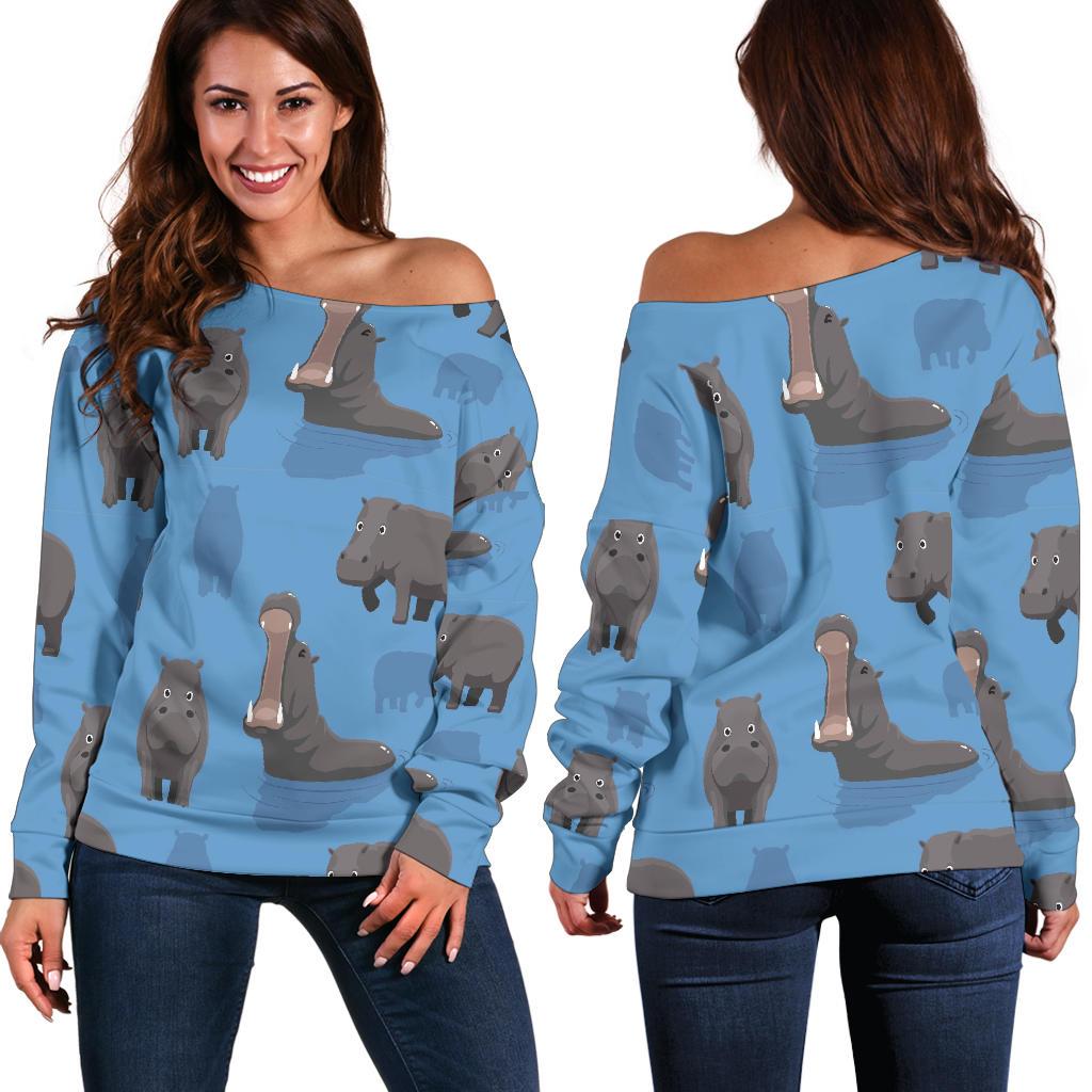 Hippo Pattern Print Women Off Shoulder Sweatshirt-grizzshop