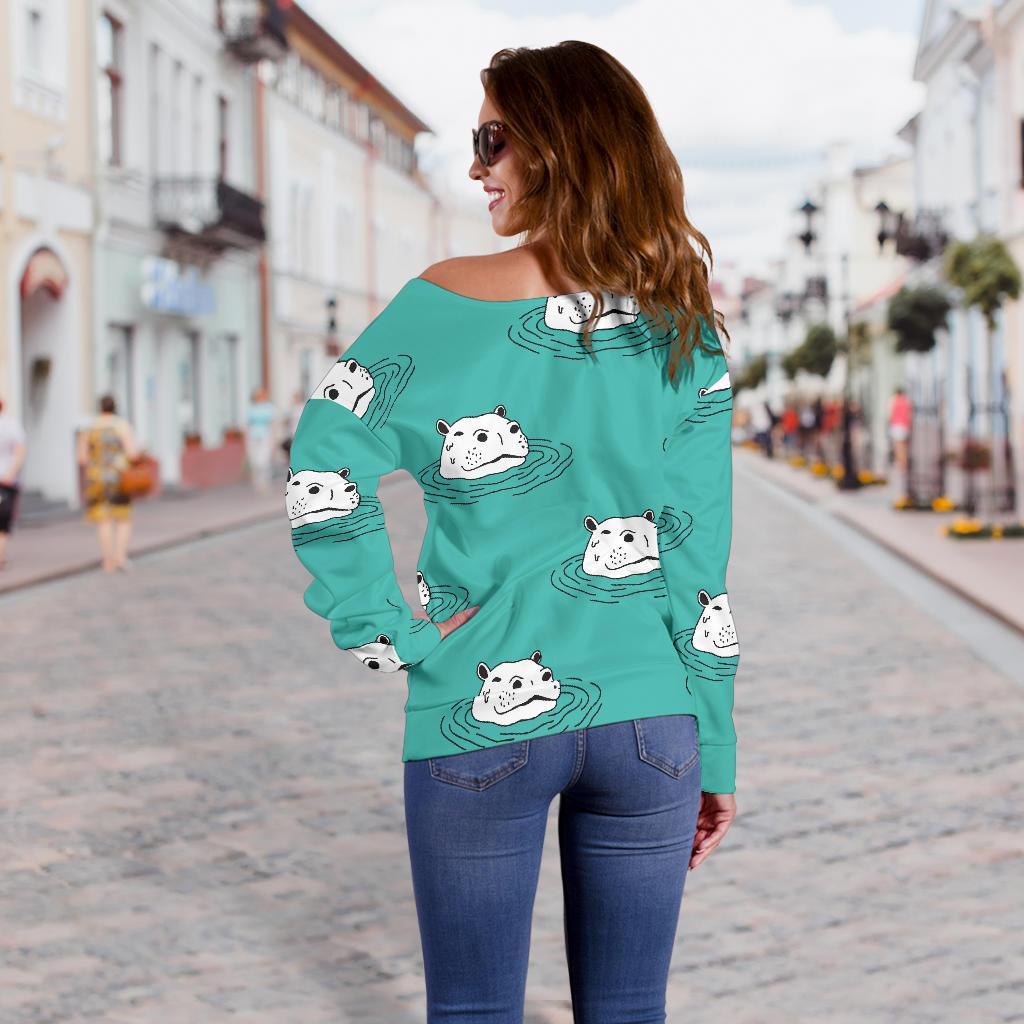 Hippo Print Pattern Women Off Shoulder Sweatshirt-grizzshop