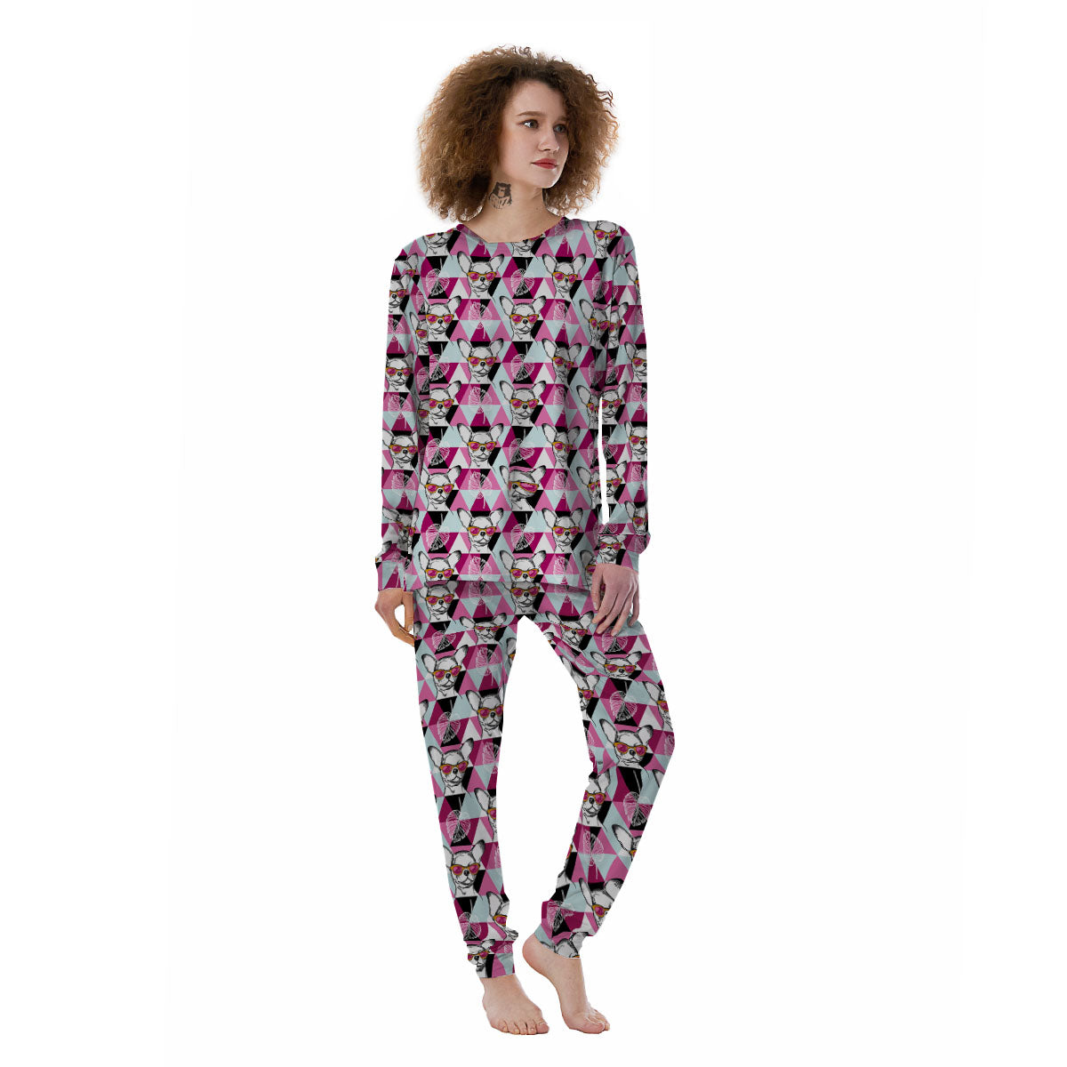 Hipster Chihuahua Print Pattern Women's Pajamas-grizzshop