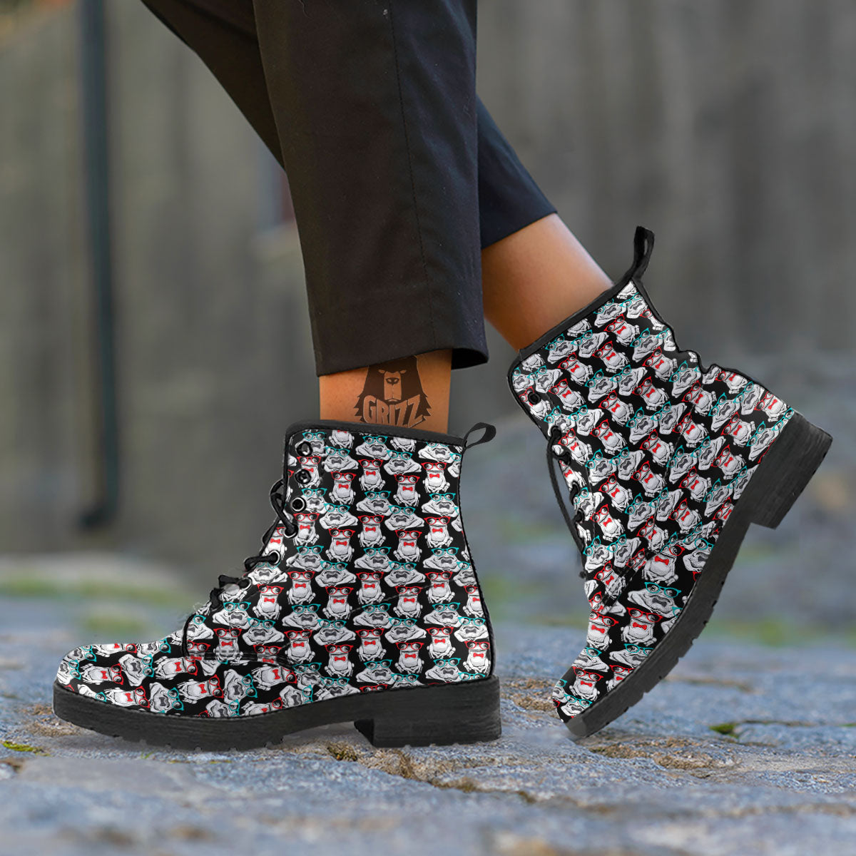 Hipster Frog Print Pattern Leather Boots-grizzshop