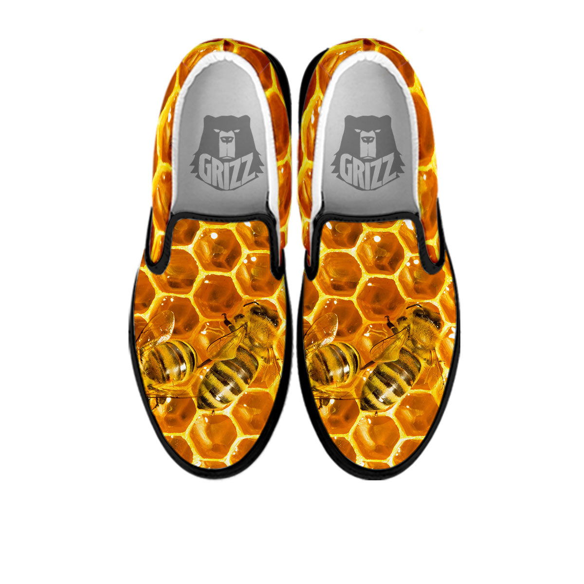 Hive Honey Bee Print Black Slip On Shoes-grizzshop