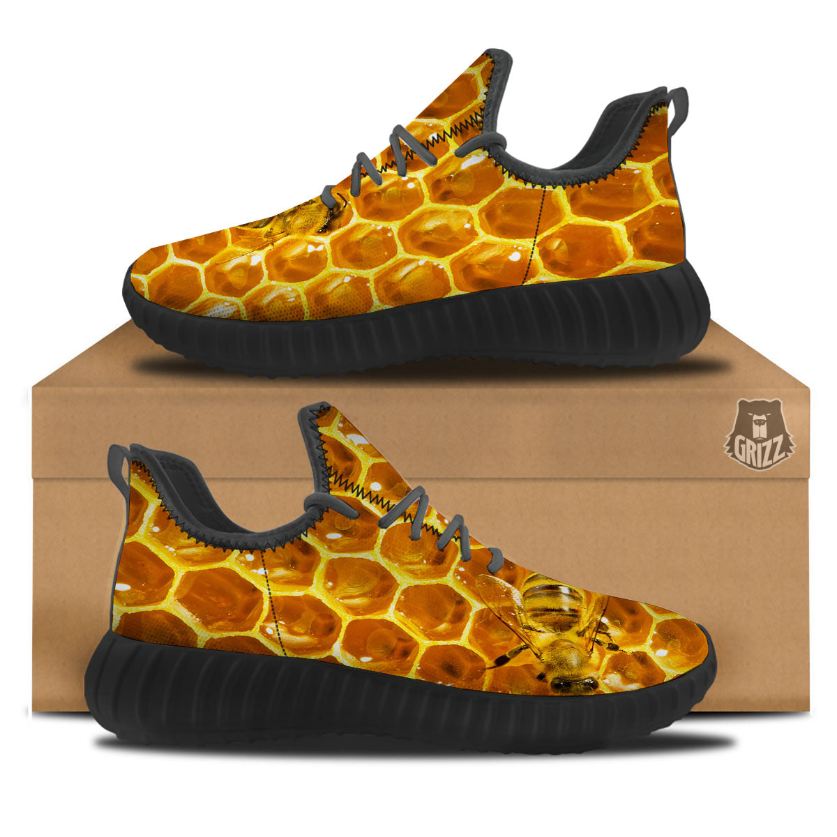Hive Honey Bee Print Black Walking Shoes-grizzshop