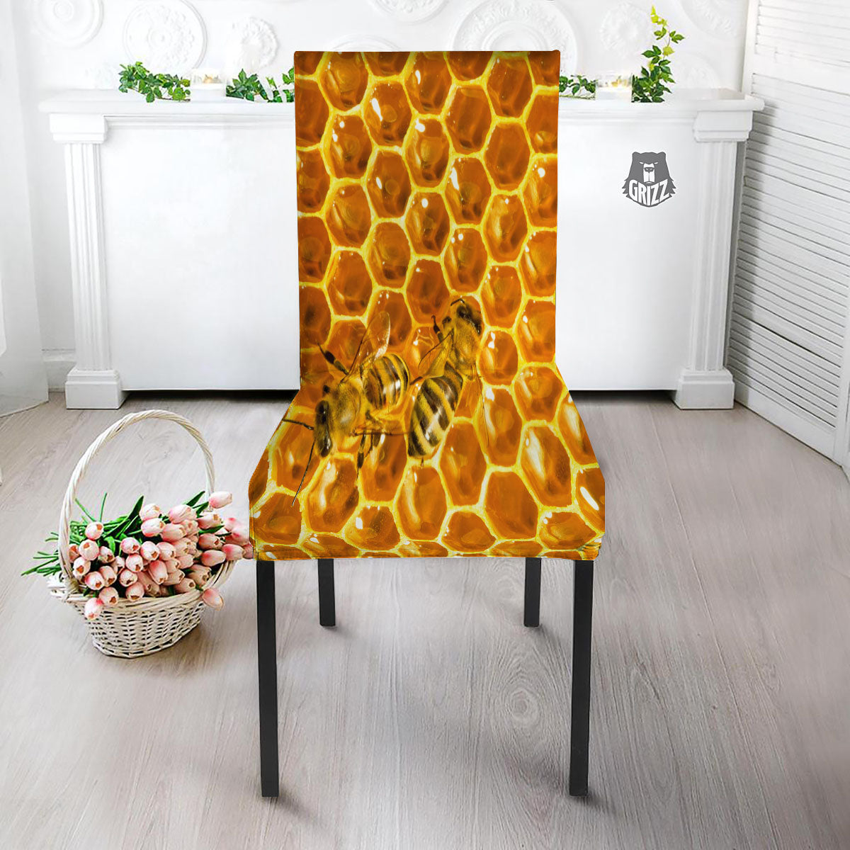 Hive Honey Bee Print Dining Chair Slipcover-grizzshop