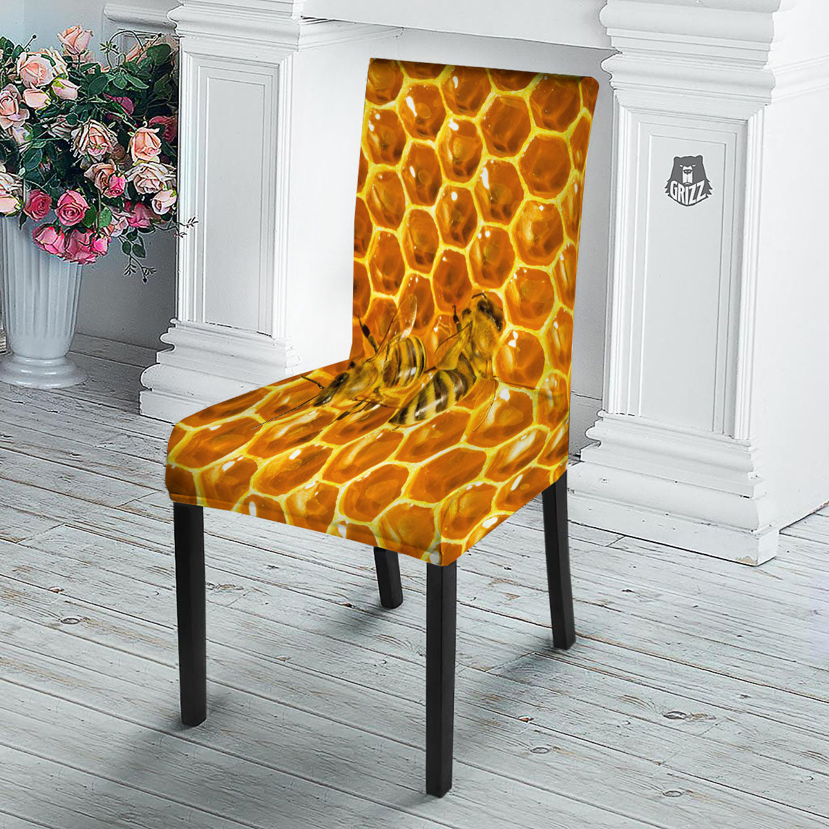 Hive Honey Bee Print Dining Chair Slipcover-grizzshop