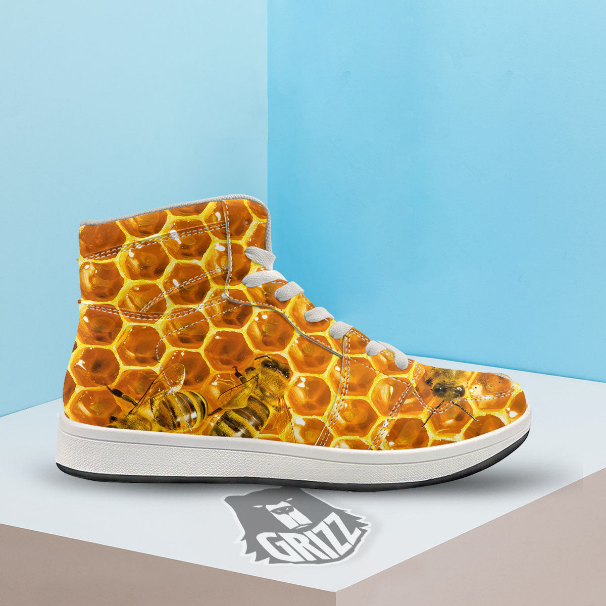 Hive Honey Bee Print High Top Sneakers-grizzshop