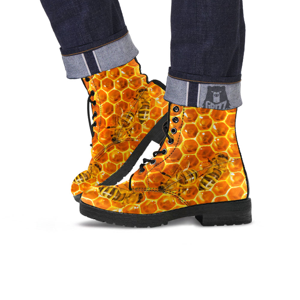 Hive Honey Bee Print Leather Boots-grizzshop