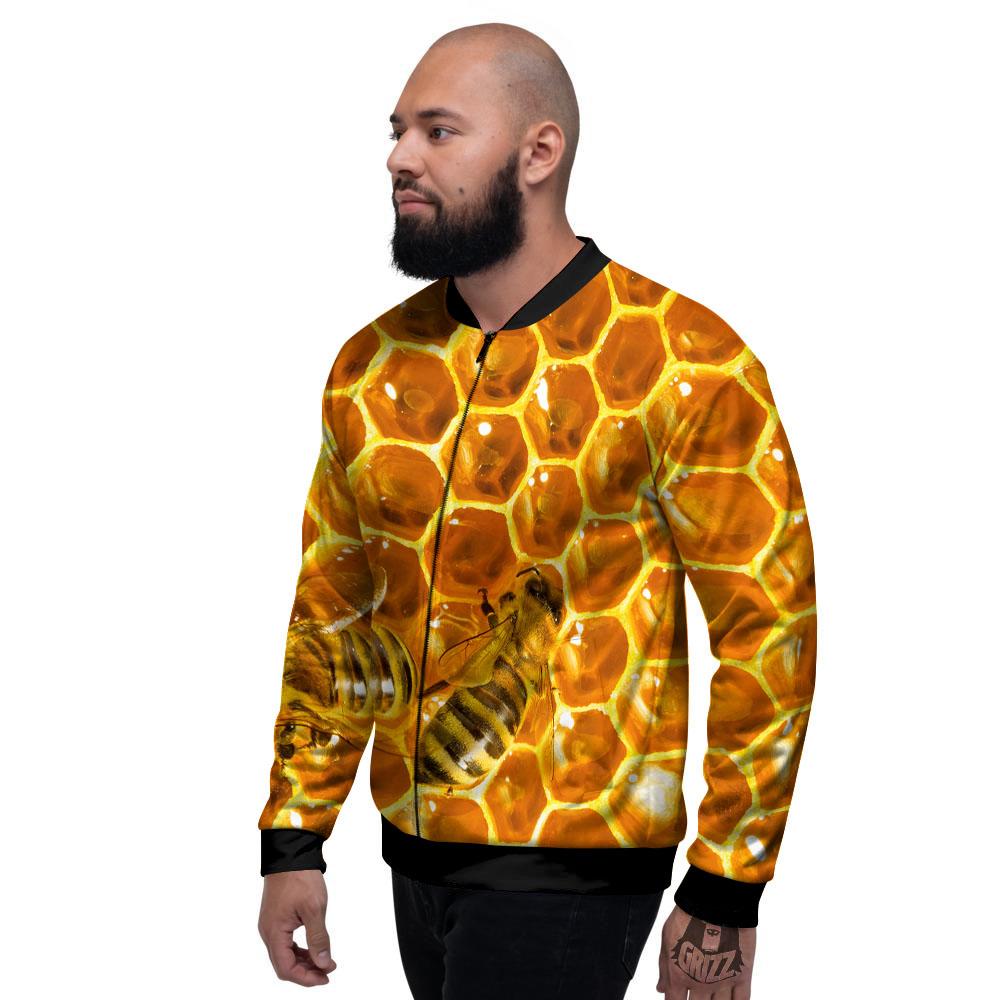 Hive Honey Bee Print Men's Bomber Jacket-grizzshop