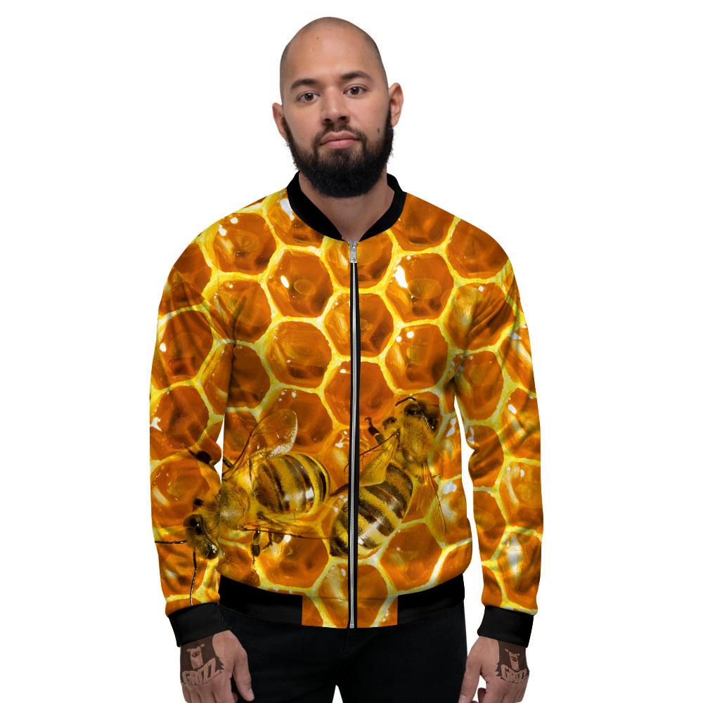 Hive Honey Bee Print Men's Bomber Jacket-grizzshop