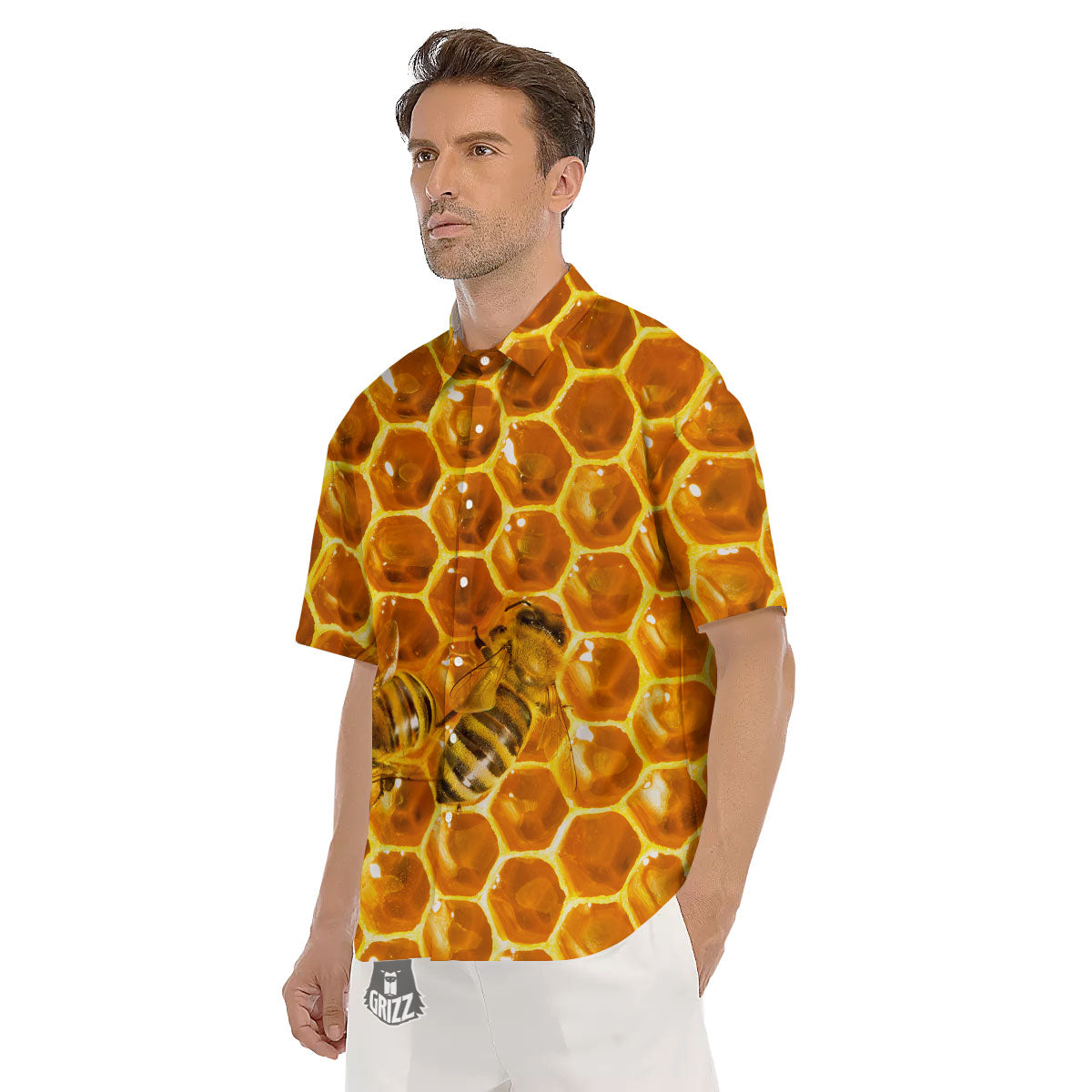 Hive Honey Bee Print Men's Short Sleeve Shirts-grizzshop