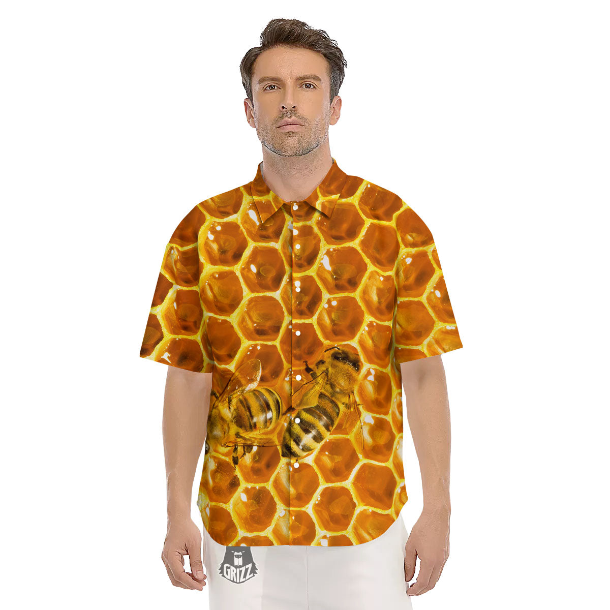 Hive Honey Bee Print Men's Short Sleeve Shirts-grizzshop