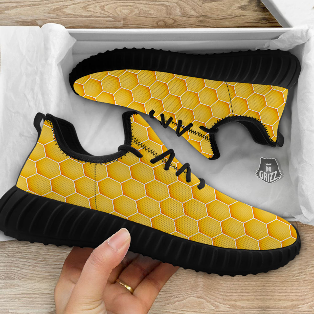 Hive Honey Bee Print Pattern Black Walking Shoes-grizzshop