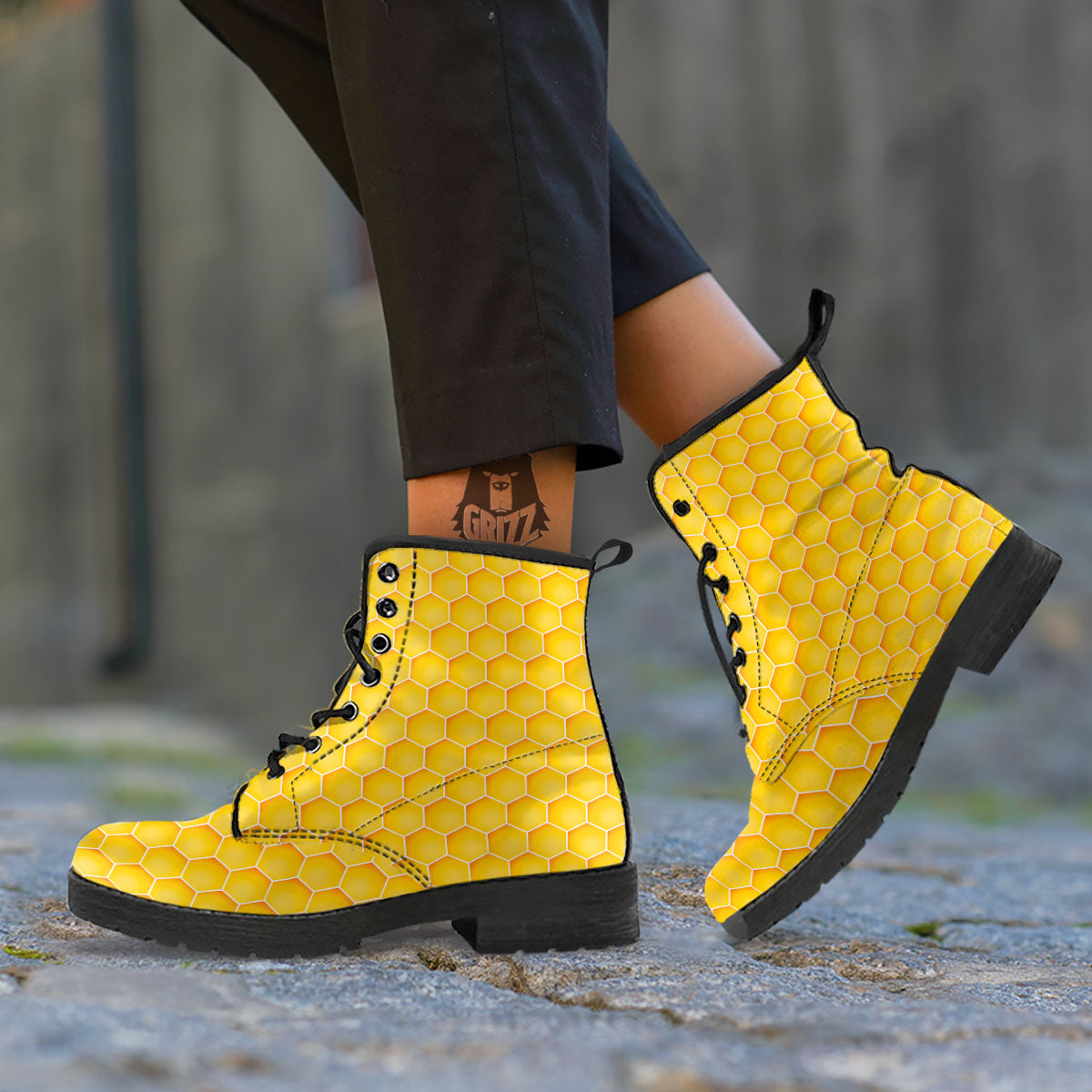 Hive Honey Bee Print Pattern Leather Boots-grizzshop