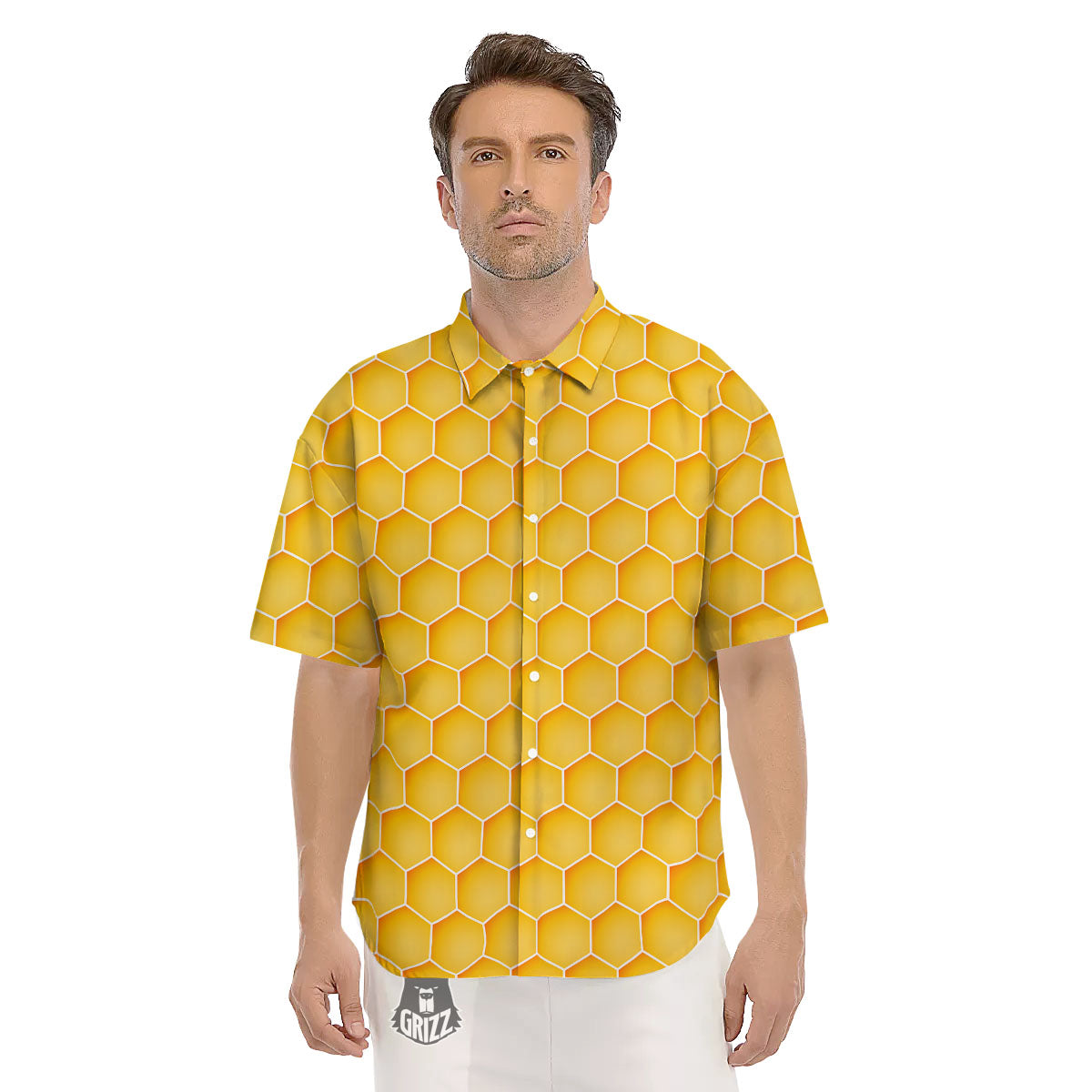Hive Honey Bee Print Pattern Men's Short Sleeve Shirts-grizzshop