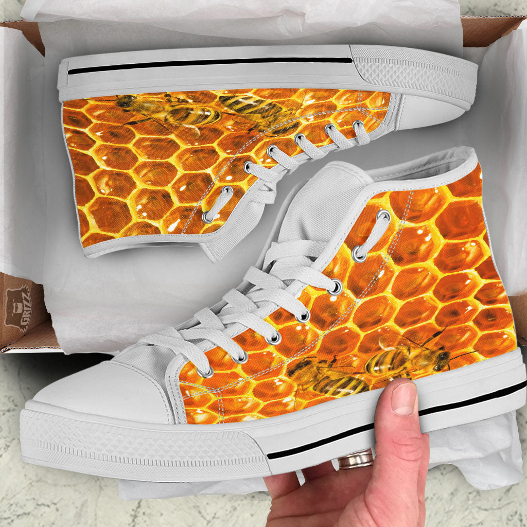 Hive Honey Bee Print White High Top Shoes-grizzshop