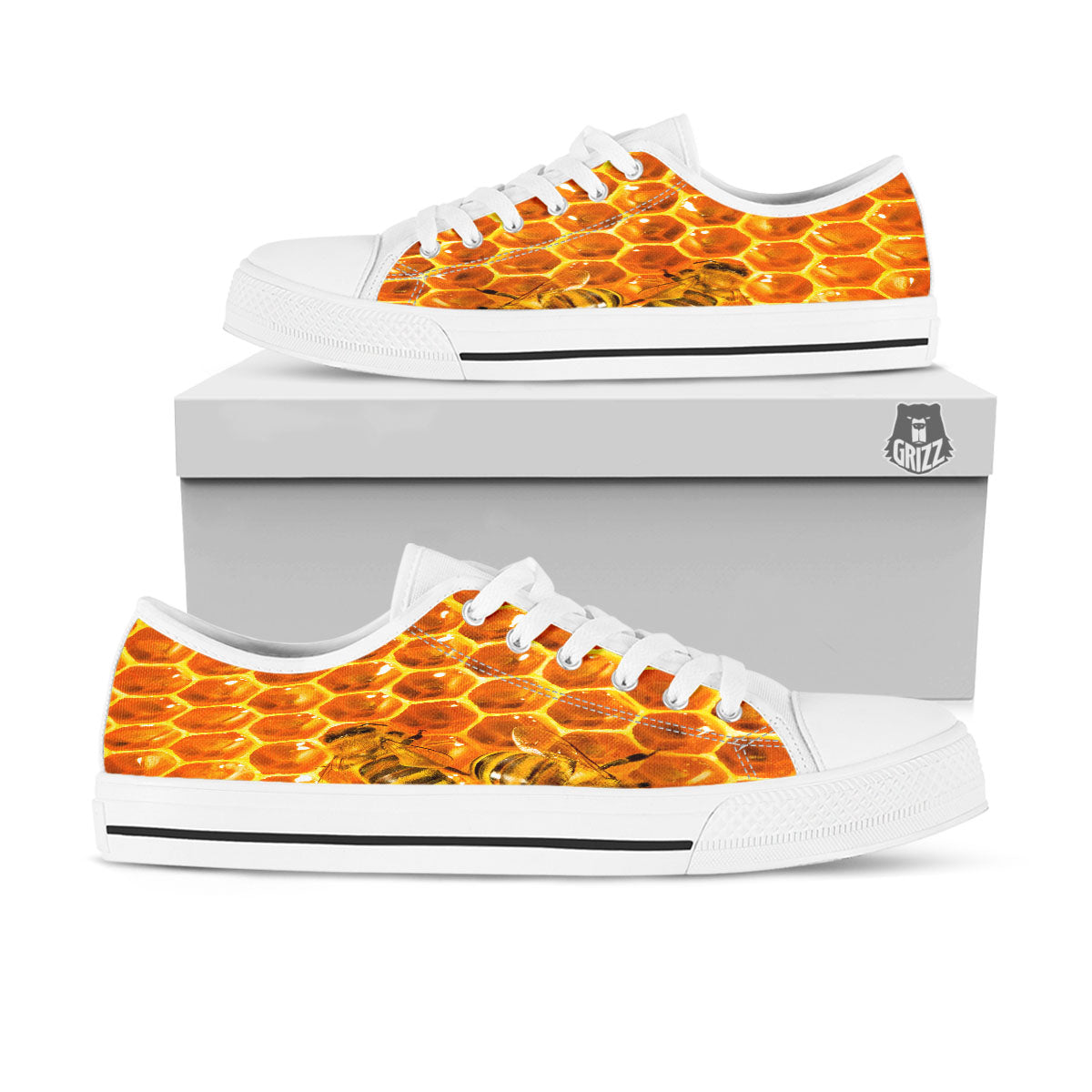 Hive Honey Bee Print White Low Top Shoes-grizzshop